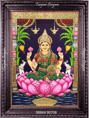 Gajalakshmi sitting on lotus Tanjore painting with water background gold foil traditional Lakshmi artwork